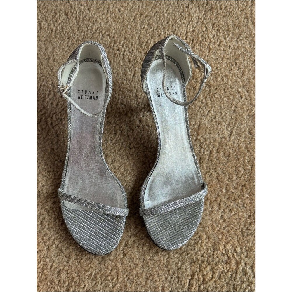 Stuart Weitzman Silver Mini Glitter Nudistsong Ankle Strap Heels 7.5 - Picture 2 of 9